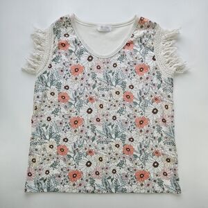Boho Floral Crochet Fringe Sleeve Top - White Coral & Green Floral Print Large